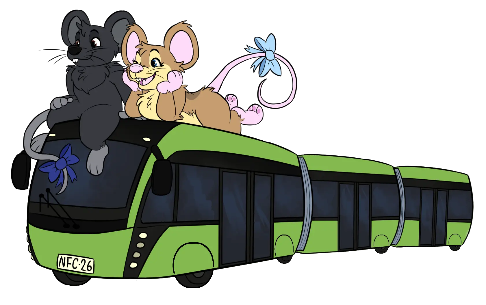 Mausie and Iris sitting on a bus, representing public transport options for NordicFuzzCon attendees